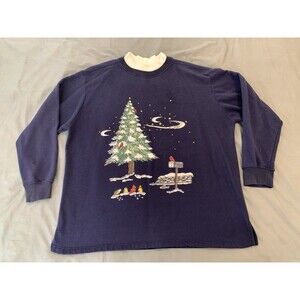 Basic Editions Christmas Scene Blue Women's Measures XL Thermal  Pull Over Warm